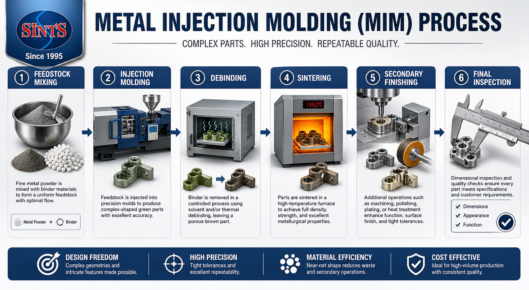 Educational infographic of the metal injection molding process from feedstock mixing to final inspection