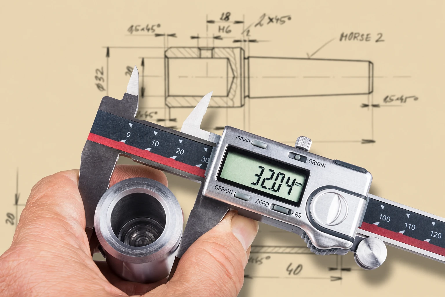Digital caliper measuring a sintered metal ring, shown against a part drawing